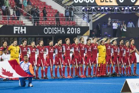 The Red Lions pictured in line up during the national anthem ahead of the first game of Belgian national hockey team the Red Lions against Canada in the Kalinga Stadium in Bhubaneswar, India, at the hockey World Cup, in the group C, Wednesday 28 November 2018. DANIELxTECHY  x05478554x