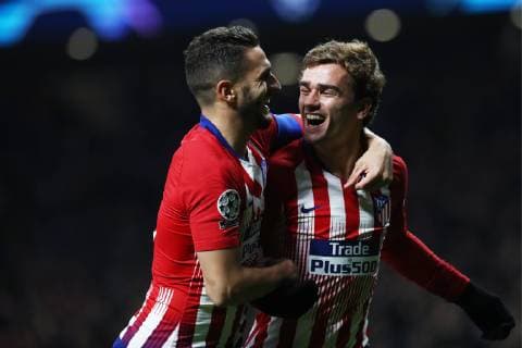MADRID, SPAIN â€“ NOVEMBER 28, 2018: Atletico Madridâ€™s Koke (L) and Antoine Griezmann celebrate scoring against AS Monaco in their 2018 19 UEFA Champions League Group A Round 5 football match at Madridâ€™s Wanda Metropolitano. Stanislav Krasilnikov  TS099228