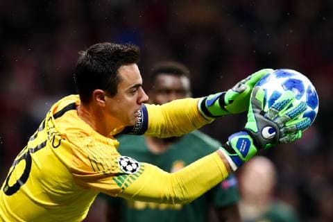MADRID, SPAIN â€“ NOVEMBER 28, 2018: AS Monaco goalkeeper Diego Benaglio makes a save in their 2018 19 UEFA Champions League Group A Round 5 football match against Atletico Madrid at Madridâ€™s Wanda Metropolitano. Stanislav Krasilnikov  TS099246