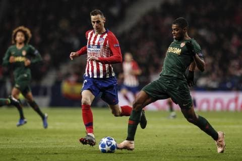 28th November 2018, Wanda Metropolitano, Madrid, Spain; UEFA Champions League football, Atletico Madrid versus Monaco; Stefan Savic (Atletico de Madrid) challenges for control of the ball with Grandsir (AS Monaco)  ActionPlus12083727 ShotxforxPress