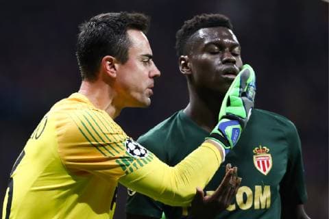 MADRID, SPAIN â€“ NOVEMBER 28, 2018: AS Monaco goalkeeper Diego Benaglio (front) and his teammate Benoit Badyashile in their 2018 19 UEFA Champions League Group A Round 5 football match against Atletico Madrid at Madridâ€™s Wanda Metropolitano. Stanislav Krasilnikov TASS  TS099254