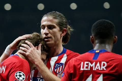 MADRID, SPAIN â€“ NOVEMBER 28, 2018: AS Monacoâ€™s Antoine Griezmann and Filipe Luis (L-R) celebrate scoring against Atletico Madrid in their 2018 19 UEFA Champions League Group A Round 5 football match at Madridâ€™s Wanda Metropolitano. Stanislav Krasilnikov TASS  TS099256
