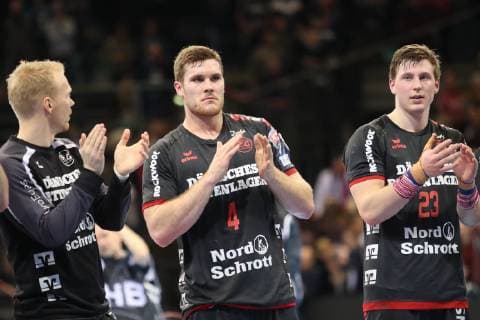 Anders Zachariassen SG Flensburg Handewitt 22 Johannes Golla SG Flensburg Handewitt 04 Goeran Soegard Johannessen SG Flensburg Handewitt 23 Flensburg Schleswig Holstein Germany Flens Arena Copyright: xAgentur54Gradx xSpeedphotosx