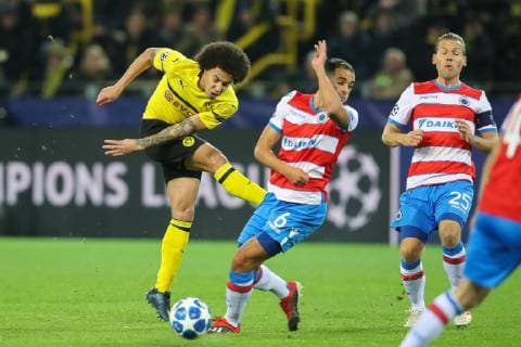 Dortmund s Axel Witsel and Club s Sofyan Amrabat fight for the ball during a game between Belgian soccer team Club Brugge KV and German team Borussia Dortmund in Dortmund, Germany, Wednesday 28 November 2018, on the fifth day of the UEFA Champions League, in group A. BRUNOxFAHY  x05478889x