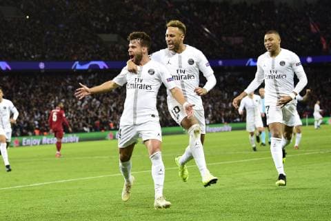 joie des joueurs du PSG apres le but de Juan Bernat (PSG) FOOTBALL : PSG vs FC Liverpool - Ligue des Champions UEFA - Paris - 28 11 2018 JBAutissier Panoramic 