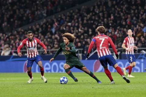 Atletico de Madrid s Antoine Griezmann and AS Monaco s Han-Noah Massengo during UEFA Champions League match between Atletico de Madrid and AS Monaco at Wanda Metropolitano Stadium in Madrid, Spain. November 28, 2018.  (201811280054)