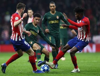 MADRID, SPAIN â€“ NOVEMBER 28, 2018: Atletico Madridâ€™s Saul (L), Thomas Partey (R), AS Monacoâ€™s Sofiane Diop and Youri Tielemans (L-R centre) in their 2018 19 UEFA Champions League Group A Round 5 football match at Madridâ€™s Wanda Metropolitano; Atletico Madrid won 2-0. Stanislav Krasilnikov TASS  TS09928E