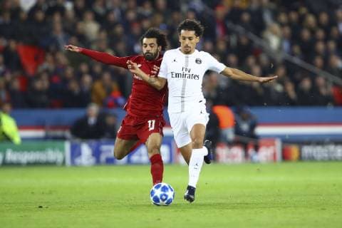 Mohamed Salah (Liverpool) vs Marquinhos ( PSG ) FOOTBALL : PSG vs Liverpool - Ligue des Champions - 28 11 2018 GwendolineLeGoff Panoramic 