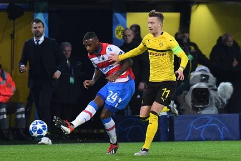 Football Champions League Group Phase 5 Matchday Borussia Dortmund FC Bruges on 28 11 2018 at Signal Iduna Park in Dortmund Stefano Denswil Bruges left Marco Reus Dortmund right DFL DFB regulations prohibit any use of photographs as image sequences and or quasi video xRx
