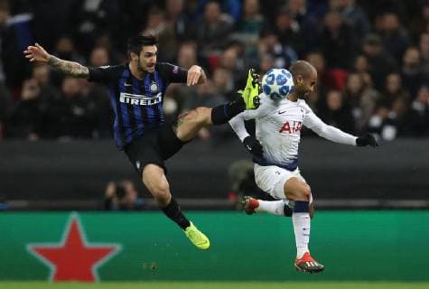 Danilo D Ambrosio of Inter Milan challenges Lucas Moura of Tottenham during the UEFA Champions League, Group B match at Wembley Stadium, London. Picture date: 28th November 2018. Picture credit should read: David Klein Sportimage EDITORIAL USE ONLY. No use with unauthorised audio, video, data, fixture lists, club league logos or live services. Online in-match use limited to 120 images, no video emulation. No use in betting, games or single club league player publications. A54I4945.JPG