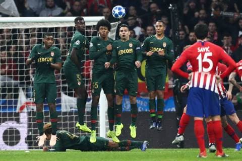 MADRID, SPAIN â€“ NOVEMBER 28, 2018: AS Monacoâ€™s Jemerson, Benoit Badyashile, Khephren Thuram-Ulien, Radamel Falcao and Youri Tielemans (L-R back) during a penalty shot in their 2018 19 UEFA Champions League Group A Round 5 football match against Atletico Madrid at Madridâ€™s Wanda Metropolitano; Atletico Madrid won 2-0. Stanislav Krasilnikov TASS  TS099295