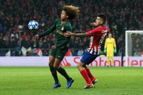 MADRID, SPAIN â€“ NOVEMBER 28, 2018: AS Monacoâ€™s Han-Noah Massengo (L) and Atletico Madridâ€™s Angel Correa in their 2018 19 UEFA Champions League Group A Round 5 football match at Madridâ€™s Wanda Metropolitano; Atletico Madrid won 2-0. Stanislav Krasilnikov TASS  TS09929C