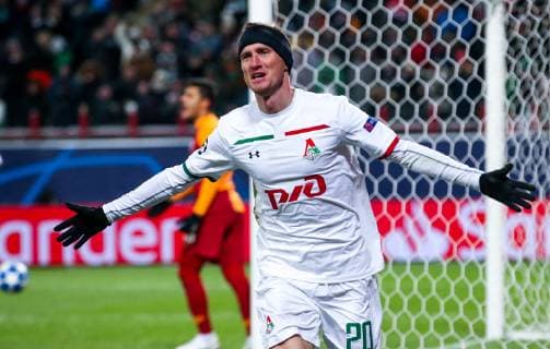 MOSCOW, RUSSIA â€“ NOVEMBER 28, 2018: Lokomotiv Moscowâ€™s Vladislav Ignatyev celebrates scoring against Galatasaray Istanbul in their 2018 19 UEFA Champions League Group D Round 5 football match at RZD Arena; Lokomotiv Moscow won 2-0. Mikhail Tereshchenko TASS  TS099262