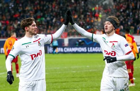 MOSCOW, RUSSIA â€“ NOVEMBER 28, 2018: Lokomotiv Moscowâ€™s Alexei Miranchuk (L) and Anton Miranchuk celebrate scoring against Galatasaray Istanbul in their 2018 19 UEFA Champions League Group D Round 5 football match at RZD Arena; Lokomotiv Moscow won 2-0. Mikhail Tereshchenko TASS  TS099268