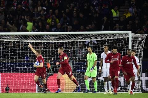 joie des joueurs de Liverpool apres le but de James Milner (Liverpool) sur penalty FOOTBALL : PSG vs FC Liverpool - Ligue des Champions UEFA - Paris - 28 11 2018 JBAutissier Panoramic 