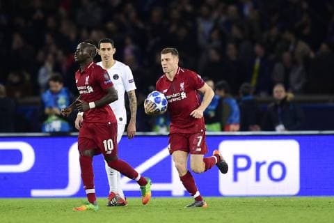 joie des joueurs de Liverpool apres le but de James Milner (Liverpool) sur penalty FOOTBALL : PSG vs FC Liverpool - Ligue des Champions UEFA - Paris - 28 11 2018 JBAutissier Panoramic 