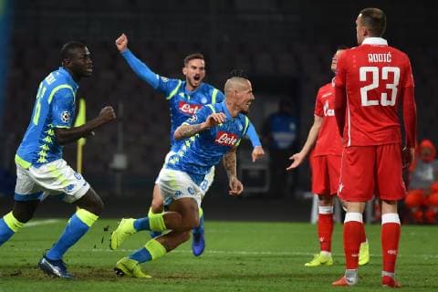 Marek Hamsik of Napoli celebrates after scoring a goal during the Uefa Champions League 2018 2019 Group C football match betweenSSC Napoli and Crvena Zvezda at San Paolo stadium, Napoli, November, 28, 2018 Foto Andrea Staccioli Insidefoto AndreaxStaccioli