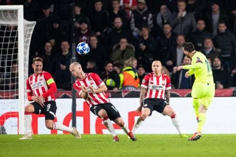 Luuk de Jong of PSV, Jorrit Hendrix of PSV, Angelino of PSV, Lionel Messi of FC Barcelona Barca during the UEFA Champions League group C match between PSV Eindhoven and FC Barcelona at the Phillips stadium on November 28, 2018 in Eindhoven, The Netherlands UEFA Champions League 2018 2019 xVIxVIxImagesx xTomxBodexMultimediaxIVx 12919566