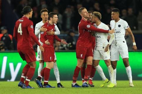 Liverpool s Andrew Robertson goads Neymar of Paris Saint-Germain during the UEFA Champions League Group C match at the Parc des Princes Stadium, Paris. Picture date: 28th November 2018. Picture credit should read: Matt McNulty Sportimage EDITORIAL USE ONLY. No use with unauthorised audio, video, data, fixture lists, club league logos or live services. Online in-match use limited to 120 images, no video emulation. No use in betting, games or single club league player publications. B69P4204.JPG