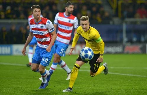Dortmund Germany 28 11 2018 UEFA Champions League 2018 19 Season Back Round Group Phase Group A 5 Matchday BV Borussia Dortmund Club Bruegge iBrandon Mechele Bruegge and Marco Reus BVB in the duel DeFodi521