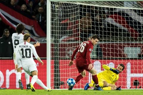 (L-R) Edinson Cavani of Paris Saint-Germain, Neymar da Silva Santos Junior of Paris Saint-Germain, Andy Robertson of Liverpool FC, goalkeeper Alisson Becker of Liverpool FC during the UEFA Champions League group C match between Paris St Germain and Liverpool FC at the Parc des Princes on November 28, 2018 in Paris, France UEFA Champions League 2018 2019 xVIxVIxImagesx xGerritxvanxKeulenxIVx 12919665