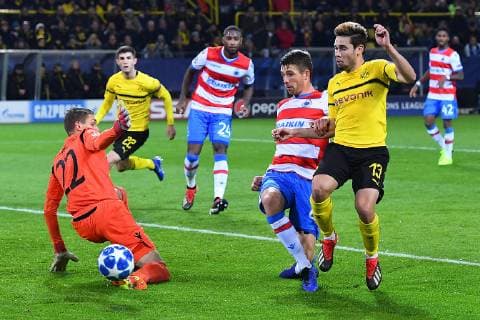 Football Champions League Group Phase 5 Matchday Borussia Dortmund FC Bruges on 28 11 2018 at Signal Iduna Park in Dortmund Than Horvath Bruges left Brandon Mechele Bruges middle Raphael Guerreino Dortmund right DFL DFB regulations prohibit any use of photographs as image sequences and or quasi video xRx