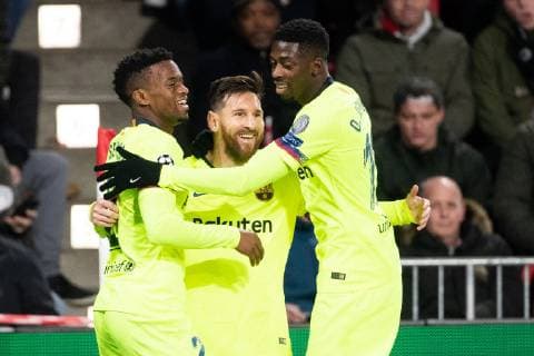 Nelson Semedo of FC Barcelona Barca Lionel Messi of FC Barcelona, Ousmane Dembele of FC Barcelona during the UEFA Champions League group C match between PSV Eindhoven and FC Barcelona at the Phillips stadium on November 28, 2018 in Eindhoven, The Netherlands UEFA Champions League 2018 2019 xVIxVIxImagesx xTomxBodexMultimediaxIVx 12920145