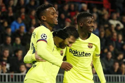 EINDHOVEN, Philips Stadium, PSV - Barcelona , football, Champions League, season 2018-2019 , 28-11-2018, Barcelona player Nelson Semedo(l), Barcelona player Lionel Messi(m) and Barcelona player Ousmane Dembele(r) celebrating the 0-1. PSV - Barcelona  x2652664x
