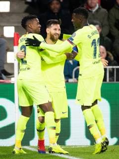Nelson Semedo of FC Barcelona Barca Lionel Messi of FC Barcelona, Ousmane Dembele of FC Barcelona during the UEFA Champions League group C match between PSV Eindhoven and FC Barcelona at the Phillips stadium on November 28, 2018 in Eindhoven, The Netherlands UEFA Champions League 2018 2019 xVIxVIxImagesx xTomxBodexMultimediaxIVx 12920228
