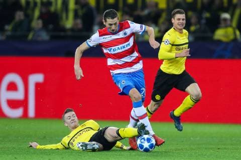 Dortmund s Marco Reus and Club s Hans Vanaken fight for the ball during a game between Belgian soccer team Club Brugge KV and German team Borussia Dortmund in Dortmund, Germany, Wednesday 28 November 2018, on the fifth day of the UEFA Champions League, in group A. BRUNOxFAHY  x05478918x