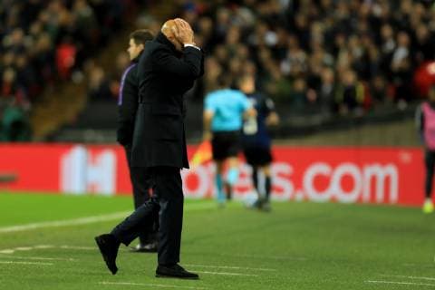 28th November 2018, Wembley Stadium, London England; UEFA Champions League football, Tottenham Hotspur versus Inter Milan; Internazionale Manager Luciano Spalletti holds his head with a missed chance  ActionPlus12083753 ShaunxBrooks