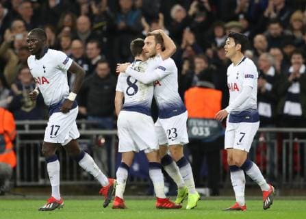 Christian Eriksen of Tottenham celebrates scoring the first goal during the UEFA Champions League, Group B match at Wembley Stadium, London. Picture date: 28th November 2018. Picture credit should read: David Klein Sportimage EDITORIAL USE ONLY. No use with unauthorised audio, video, data, fixture lists, club league logos or live services. Online in-match use limited to 120 images, no video emulation. No use in betting, games or single club league player publications. A54I6360.JPG