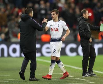 Mauricio Pochettino manager of Tottenham welcomes off Harry Winks of Tottenham during the UEFA Champions League, Group B match at Wembley Stadium, London. Picture date: 28th November 2018. Picture credit should read: David Klein Sportimage EDITORIAL USE ONLY. No use with unauthorised audio, video, data, fixture lists, club league logos or live services. Online in-match use limited to 120 images, no video emulation. No use in betting, games or single club league player publications. A54I6450.JPG