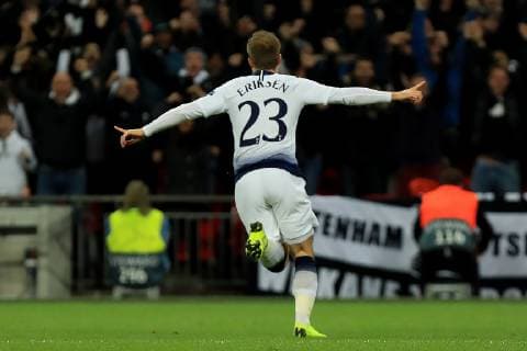28th November 2018, Wembley Stadium, London England; UEFA Champions League football, Tottenham Hotspur versus Inter Milan; Christian Eriksen of Tottenham Hotspur celebrates as he scores the opening goal for 1-0 in the 80th minute  ActionPlus12083761 ShaunxBrooks
