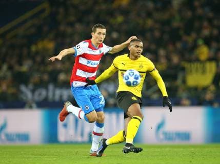 28 11 2018 Football UEFA Champions League 2018 2019 Group stage 5 Matchday Borussia Dortmund FC Bruges at Signal Iduna Park Dortmund L R Hans Vanaken FC Bruges against Manuel Akanji Dortmund DFL and DFB regulations prohibit any use of photographs as image sequences and or quasi video