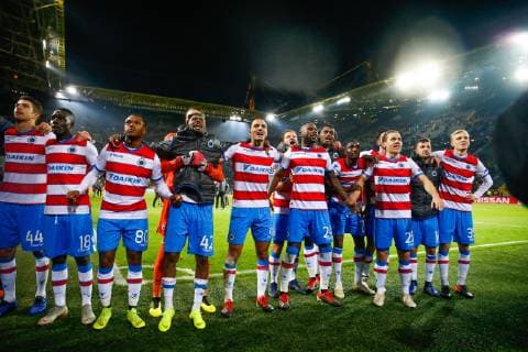 Club s players celebrate after a game between Belgian soccer team Club Brugge KV and German team Borussia Dortmund in Dortmund, Germany, Wednesday 28 November 2018, on the fifth day of the UEFA Champions League, in group A. BRUNOxFAHY  x05478931x