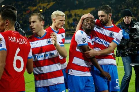 Club s players celebrate after a game between Belgian soccer team Club Brugge KV and German team Borussia Dortmund in Dortmund, Germany, Wednesday 28 November 2018, on the fifth day of the UEFA Champions League, in group A. BRUNOxFAHY  x05478934x