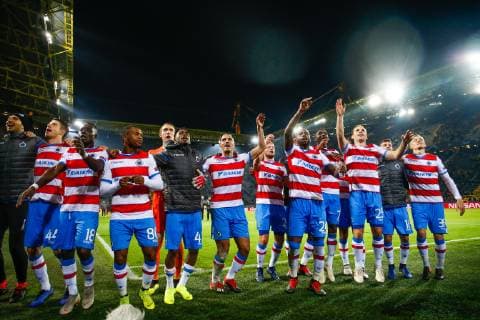Club s players celebrate after a game between Belgian soccer team Club Brugge KV and German team Borussia Dortmund in Dortmund, Germany, Wednesday 28 November 2018, on the fifth day of the UEFA Champions League, in group A. BRUNOxFAHY  x05478940x