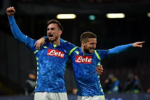 Dries Mertens of Napoli celebrates with Fabian Ruiz after scoring a goal during the Uefa Champions League 2018 2019 Group C football match betweenSSC Napoli and Crvena Zvezda at San Paolo stadium, Napoli, November, 28, 2018 Foto Andrea Staccioli Insidefoto AndreaxStaccioli