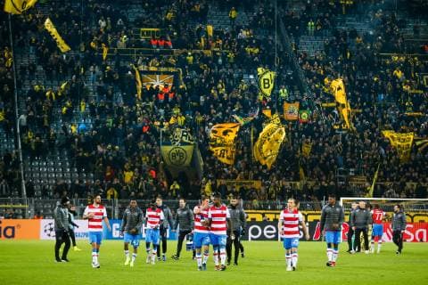 Club s players celebrate after a game between Belgian soccer team Club Brugge KV and German team Borussia Dortmund in Dortmund, Germany, Wednesday 28 November 2018, on the fifth day of the UEFA Champions League, in group A. BRUNOxFAHY  x05478938x