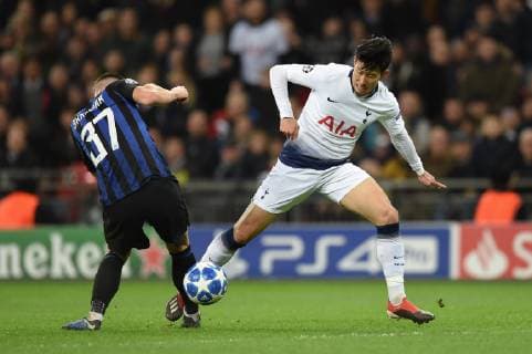 Tottenham Hotspur v Inter Milan UEFA Champions League Son Heung-Min of Tottenham Hotspur takes on Milan ? kriniar of Inter Milan during the UEFA Champions League match at Wembley Stadium, London Content Not Available For UK Newspapers Copyright: xMartynxHaworthx FIL-12611-0029