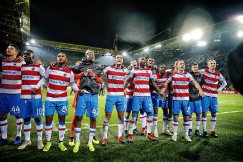 Club s players celebrate after a game between Belgian soccer team Club Brugge KV and German team Borussia Dortmund in Dortmund, Germany, Wednesday 28 November 2018, on the fifth day of the UEFA Champions League, in group A. BRUNOxFAHY  x05478941x