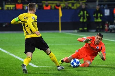 Football Champions League Group Phase 5 Matchday Borussia Dortmund FC Bruges on 28 11 2018 at Signal Iduna Park in Dortmund Marco Reus Dortmund left Than Horvath Bruges right DFL DFB regulations prohibit any use of photographs as image sequences and or quasi video xRx