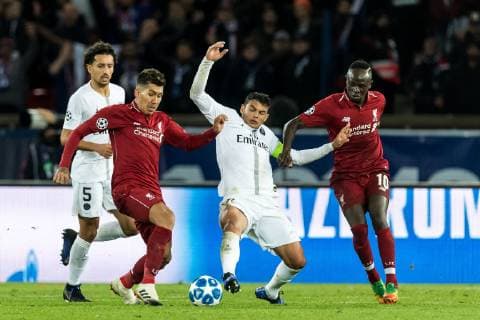 (L-R) Marcos Aoas CorrÃªa ( Marquinhos ) of Paris Saint-Germain, Roberto Firmino of Liverpool FC, Thiago Emiliano da Silva of Paris Saint-Germain, Sadio Mane of Liverpool FC during the UEFA Champions League group C match between Paris St Germain and Liverpool FC at the Parc des Princes on November 28, 2018 in Paris, France UEFA Champions League 2018 2019 xVIxVIxImagesx xGerritxvanxKeulenxIVx 12921077