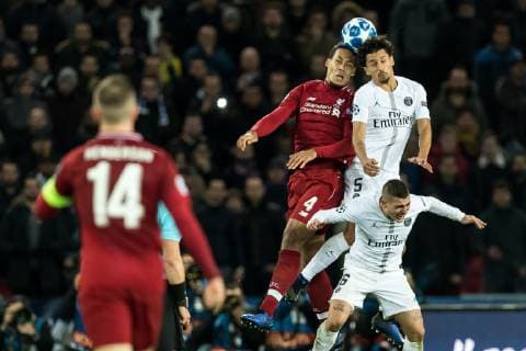 (L-R) Virgil van Dijk of Liverpool FC, Marcos Aoas CorrÃªa ( Marquinhos ) of Paris Saint-Germain, Marco Verratti of Paris Saint-Germain during the UEFA Champions League group C match between Paris St Germain and Liverpool FC at the Parc des Princes on November 28, 2018 in Paris, France UEFA Champions League 2018 2019 xVIxVIxImagesx xGerritxvanxKeulenxIVx 12921102