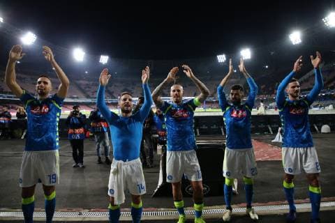 Esultanza a fine partita Nikola Maksimovic Napoli, Dries Mertens Napoli, Marek Hamsik Napoli, Elseid Hysaj Napoli Fabian Ruiz Napoli celebrates at the end of the match Napoli 28-11-2018 Stadio San Paolo Football Calcio UEFA Champions League 2018 2019 Group C Napoli - Crvena Zvezda Foto Cesare Purini Insidefoto cesarexpurini
