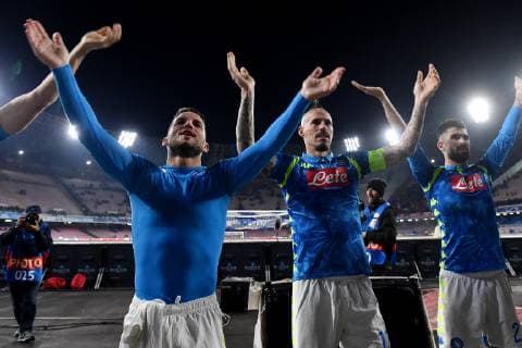 Dries Mertens and Marek Hamsik of Napoli celebrate at the end of the Uefa Champions League 2018 2019 Group C football match betweenSSC Napoli and Crvena Zvezda at San Paolo stadium, Napoli, November, 28, 2018 Foto Andrea Staccioli Insidefoto AndreaxStaccioli