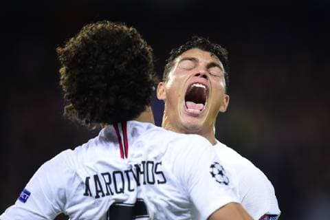joie de SILVA Thiago (PSG) MARQUINHOS (PSG) FOOTBALL : PSG vs FC Liverpool - Ligue des Champions UEFA - Paris - 28 11 2018 JBAutissier Panoramic 