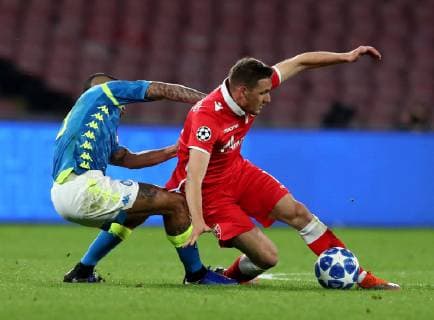 November 28, 2018 - Naples, Italy - SSC Napoli - FK Crvena zvezda : UEFA Champions League Group C .Allan Loudeiro of Napoli and Nikola Stoiljkovic of Crvena Zvezda at San Paolo Stadium in Naples, Italy on November 28, 2018. SSC Napoli v Red Star Belgrade - UEFA Champions League Group C  - ZUMAn230 20181128_zaa_n230_332 Copyright: xMatteoxCiambellix