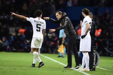MARQUINHOS (PSG) TUCHEL Thomas - entraineur (PSG) FOOTBALL : PSG vs FC Liverpool - Ligue des Champions UEFA - Paris - 28 11 2018 JBAutissier Panoramic 